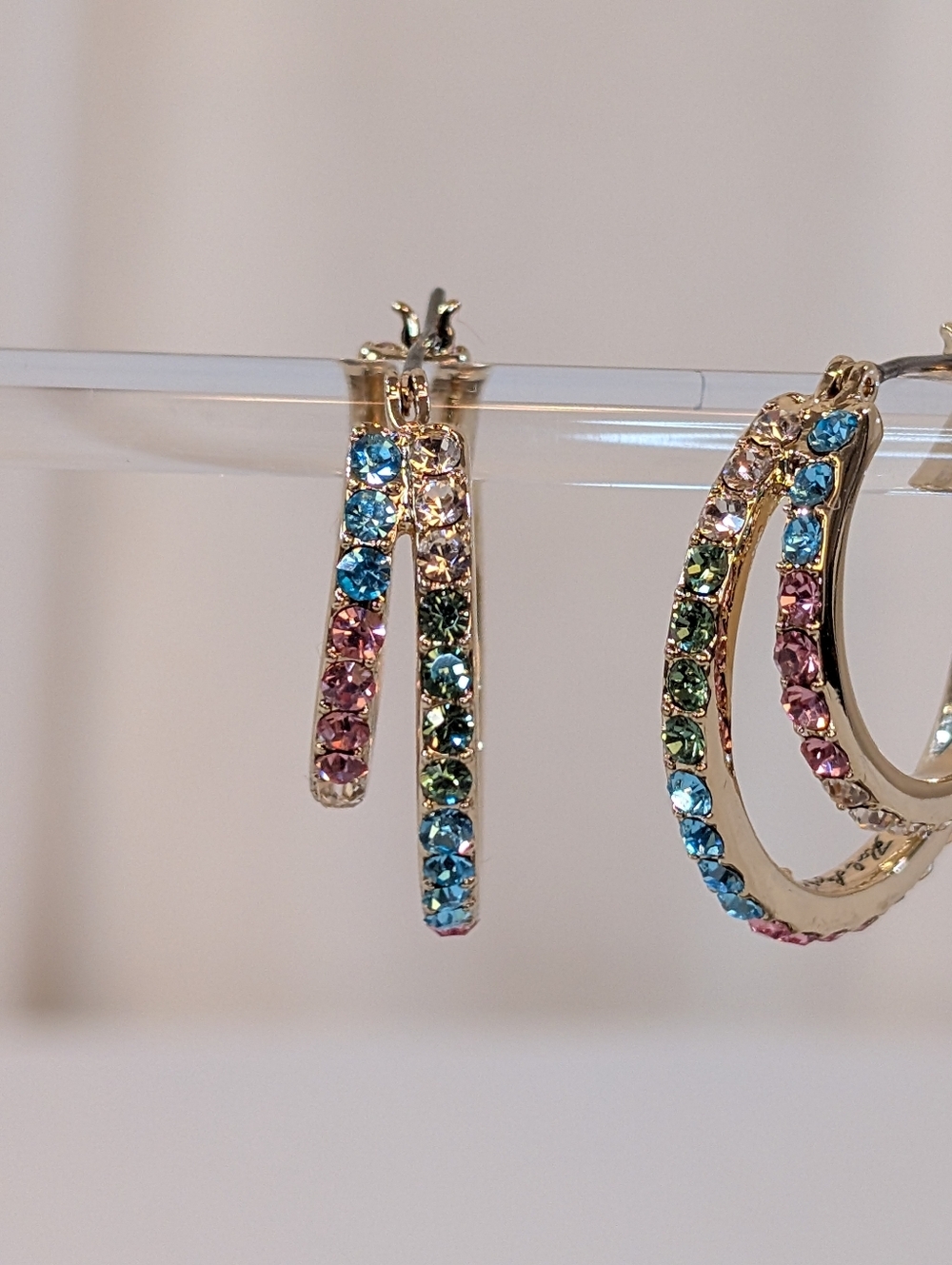 Karl Lagerfeld Gold Hoop Earrings With Multicolor Rainbow Stones - Picture 4 of 10